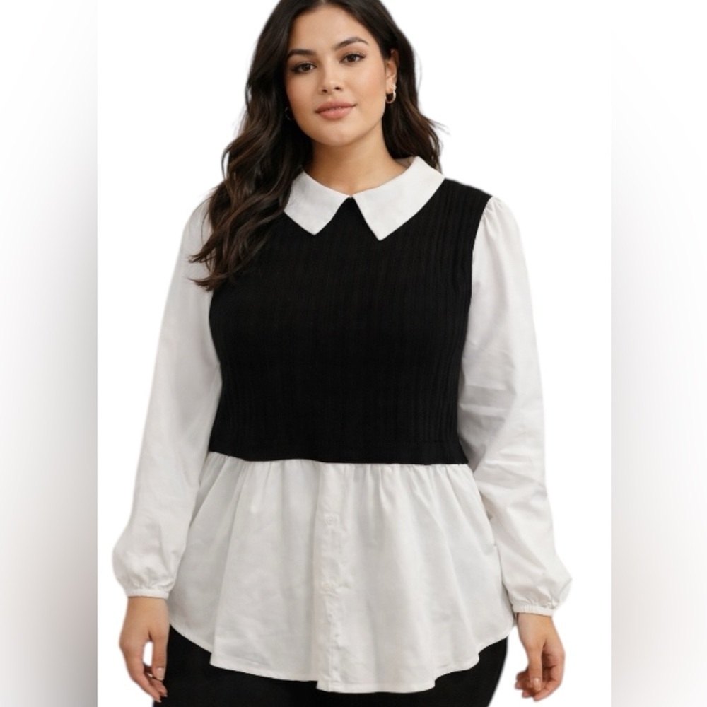 Curvzy Blusa 3XL Blanco Negro Cuello Peter Pan Nueva - Picture 1 of 10